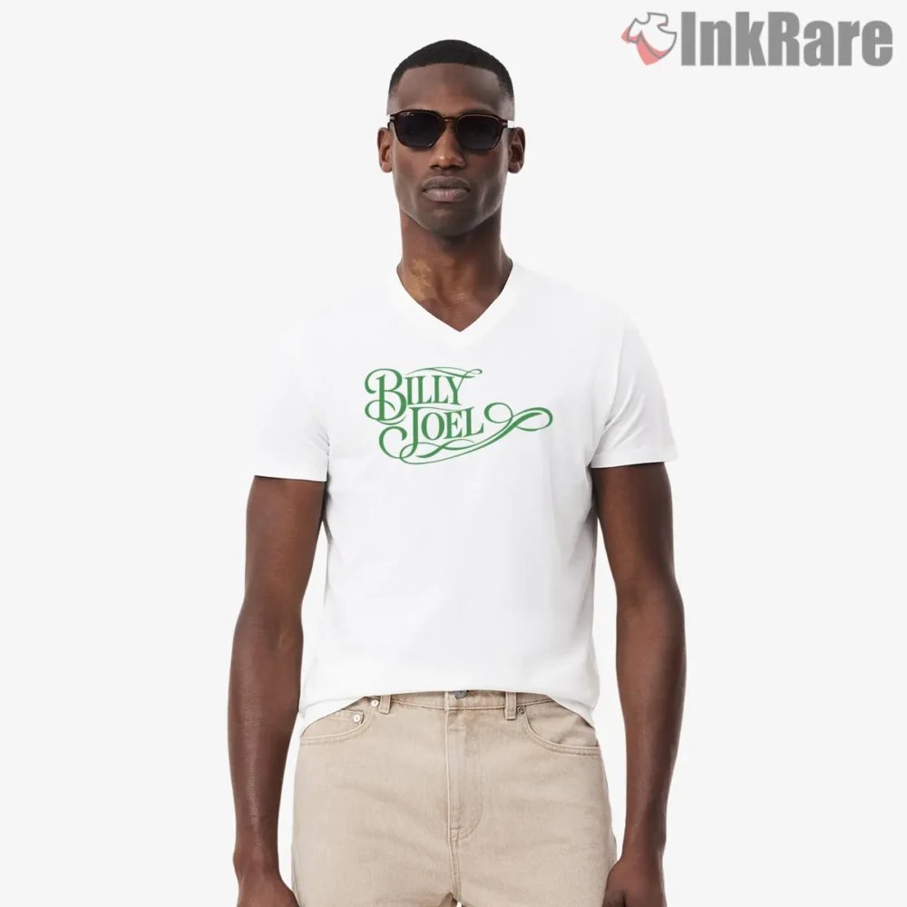 Billy Joel Elegant Latin Script Wordmark Vintage Shirt on white v-neck shirt for men graphic tee