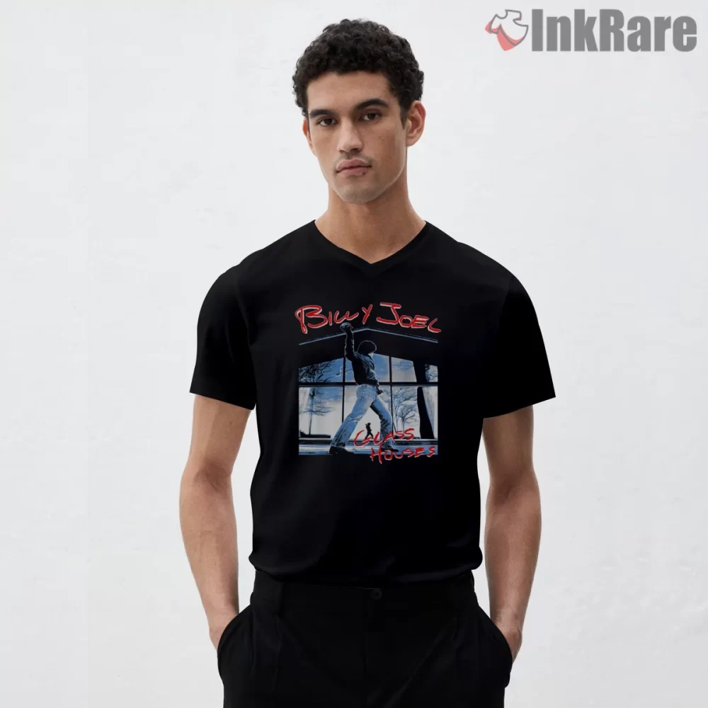 Billy Joel Glass Houses Album Window Scene Shirt on black v-neck shirt for men graphic tee