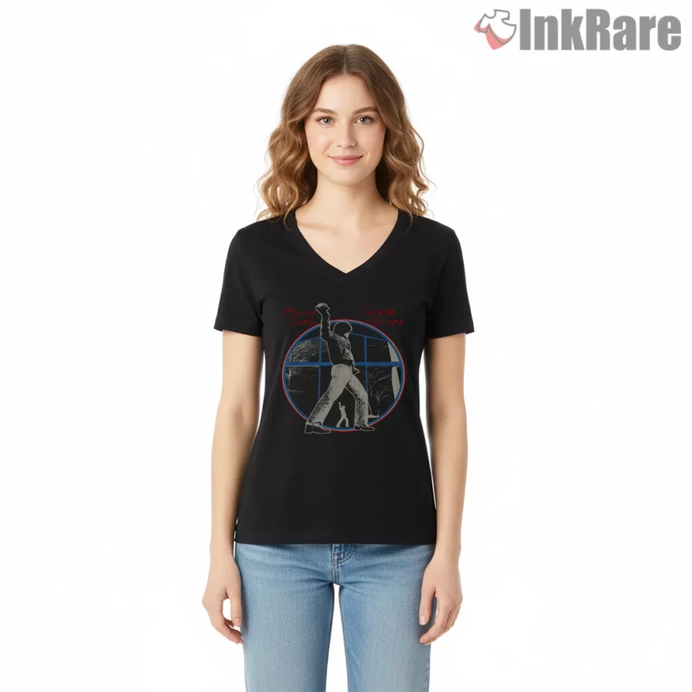 Billy Joel Glass Houses Window Scene Shirt on black v-neck shirt for women graphic tee
