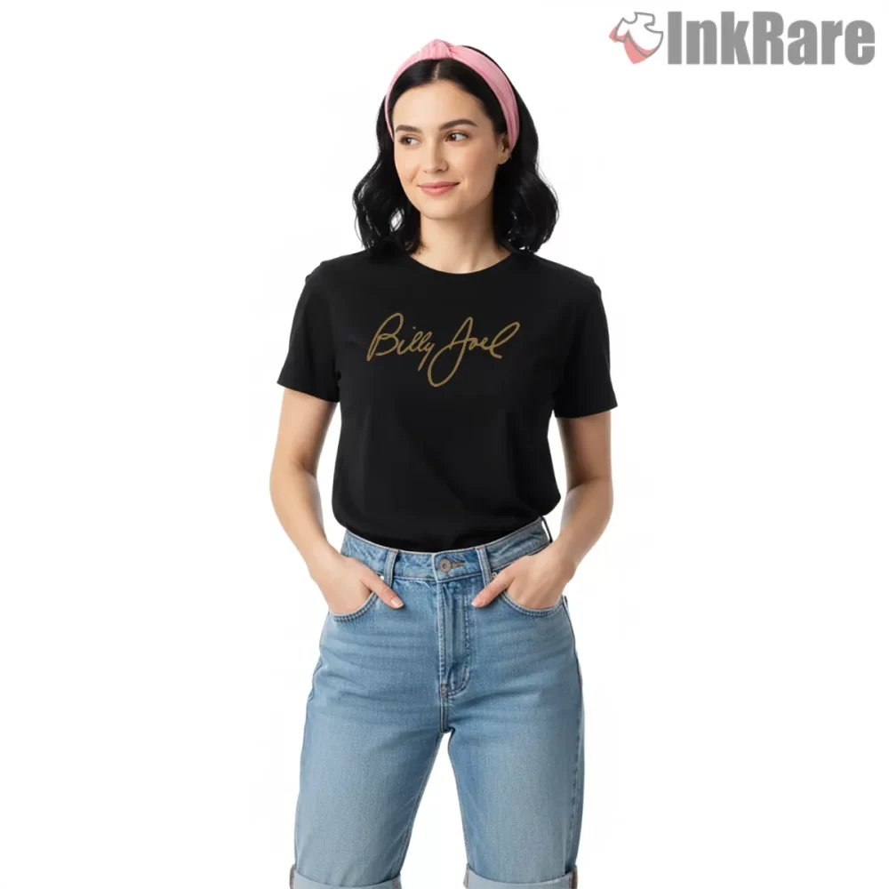 Billy Joel Gold Signature Minimal Fan Shirt on black short sleeve shirt for women graphic tee