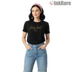 Billy Joel Gold Signature Minimal Fan Shirt on black short sleeve shirt for women graphic tee