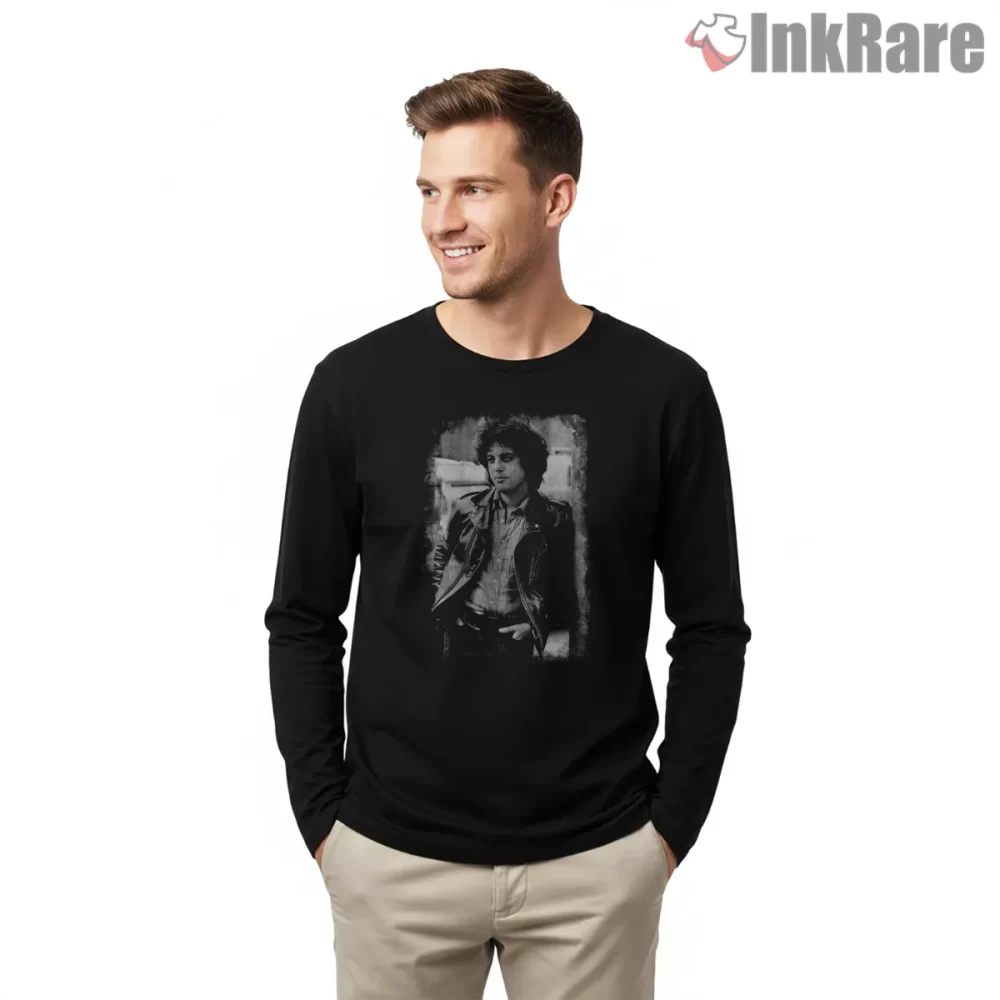 Billy Joel Gritty Nineties Portrait Tribute Shirt on black long sleeve shirt for men graphic tee