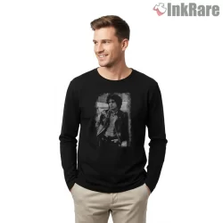 Billy Joel Gritty Nineties Portrait Tribute Shirt on black long sleeve shirt for men graphic tee