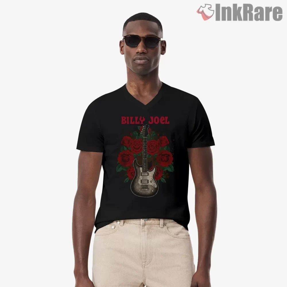 Billy Joel Guitar And Roses Rock Emblem Shirt on black v-neck shirt for men graphic tee