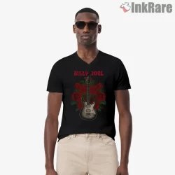 Billy Joel Guitar And Roses Rock Emblem Shirt on black v-neck shirt for men graphic tee