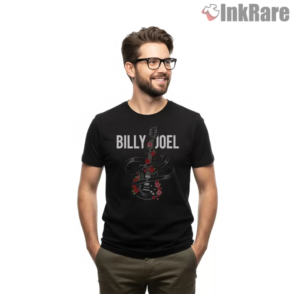 Billy Joel Guitar And Roses Tribute Shirt on black short sleeve shirt for men graphic tee