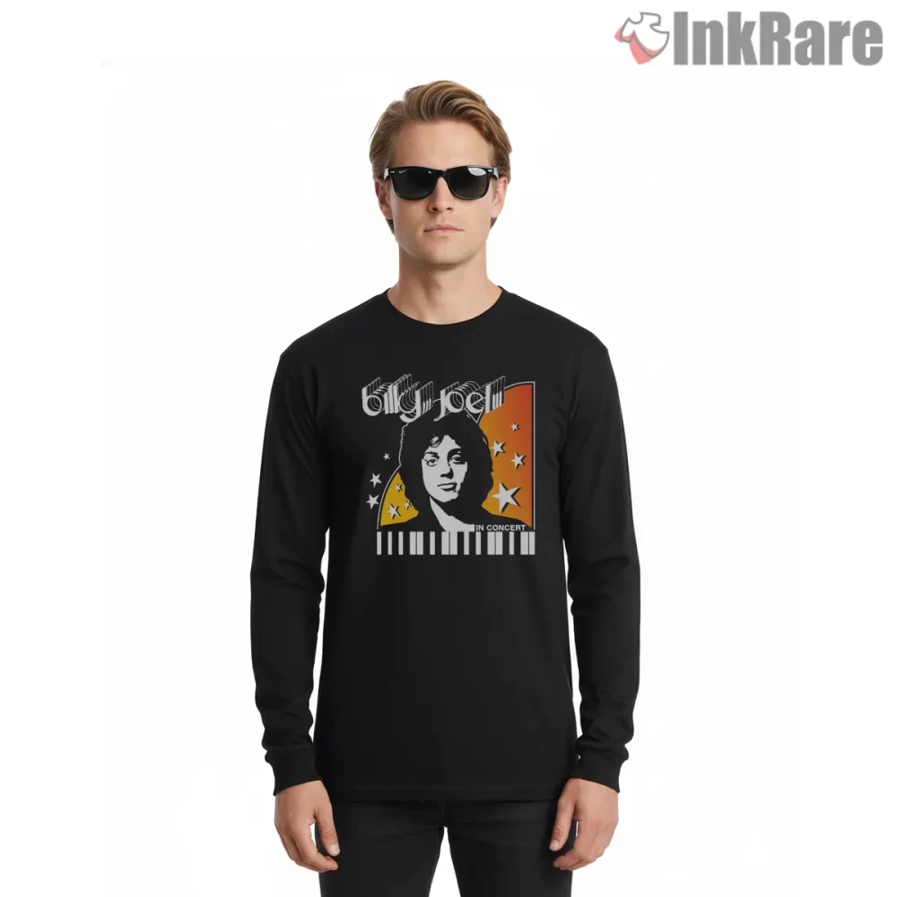 Billy Joel In Concert Retro Pop Poster Shirt on black long sleeve shirt for men graphic tee