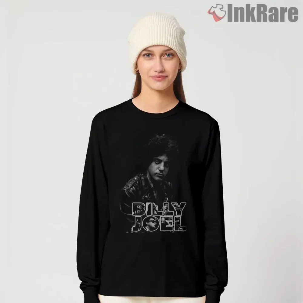 Billy Joel Leather Jacket Block Letter Shirt on black long sleeve shirt for women graphic tee