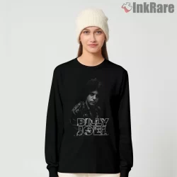 Billy Joel Leather Jacket Block Letter Shirt on black long sleeve shirt for women graphic tee