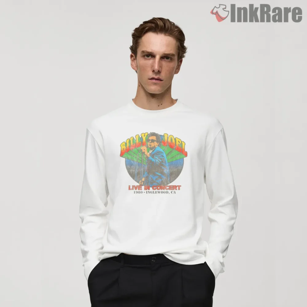 Billy Joel Live In Inglewood 1980 Vintage Concert Shirt on white long sleeve shirt for men graphic tee