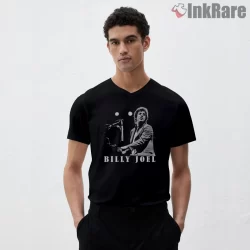 Billy Joel Live Piano Man Stage Photo Shirt on black v-neck shirt for men graphic tee