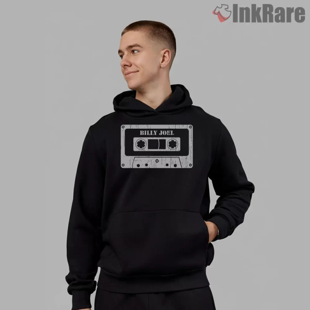 Billy Joel Minimal Cassette Tape Outline Shirt on black hoodie for men graphic tee