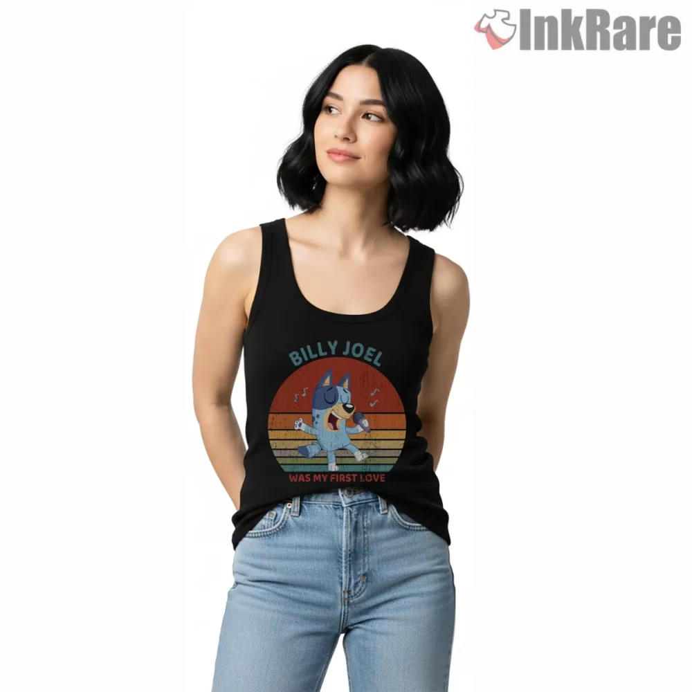 Billy Joel My First Love Cartoon Dog Retro Shirt on black tank top for women graphic tee