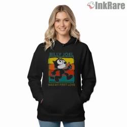 Billy Joel My First Musical Love Cartoon Cat Shirt on black hoodie for women graphic tee