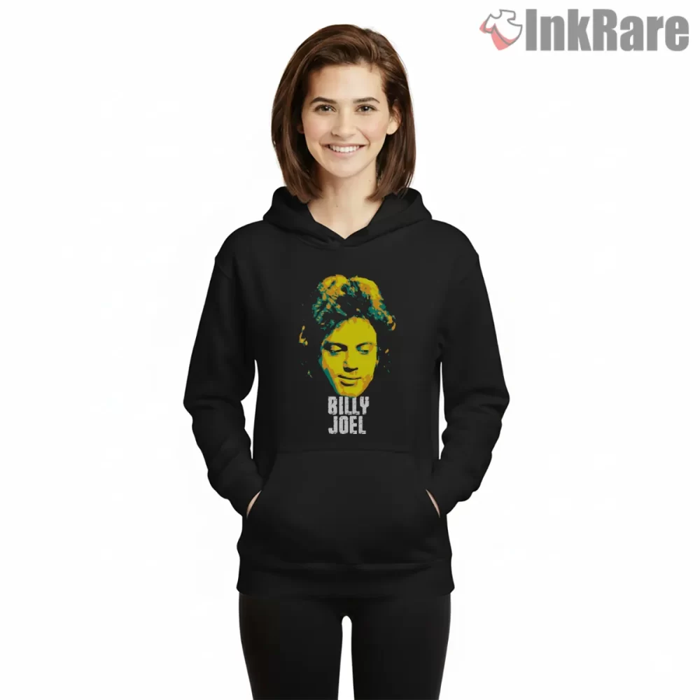 Billy Joel Neon Pop Art Face Shirt on black hoodie for women graphic tee