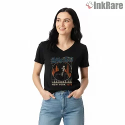Billy Joel New York 1973 Badge Portrait Shirt on black v-neck shirt for women graphic tee