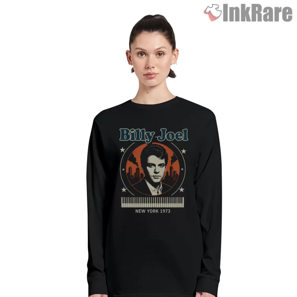 Billy Joel New York 1973 Skyline Badge Shirt on black long sleeve shirt for women graphic tee