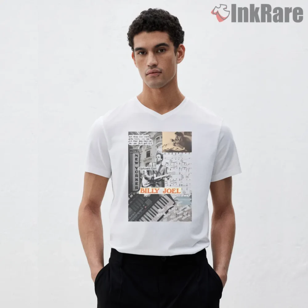 Billy Joel New York Collage Music Sheet Shirt on white v-neck shirt for men graphic tee