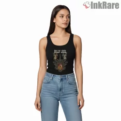 Billy Joel Ornate Butterfly Guitar Crest Shirt on black tank top for women graphic tee