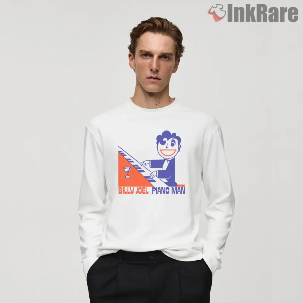 Billy Joel Piano Man Cartoon Keyboard Shirt on white long sleeve shirt for men graphic tee
