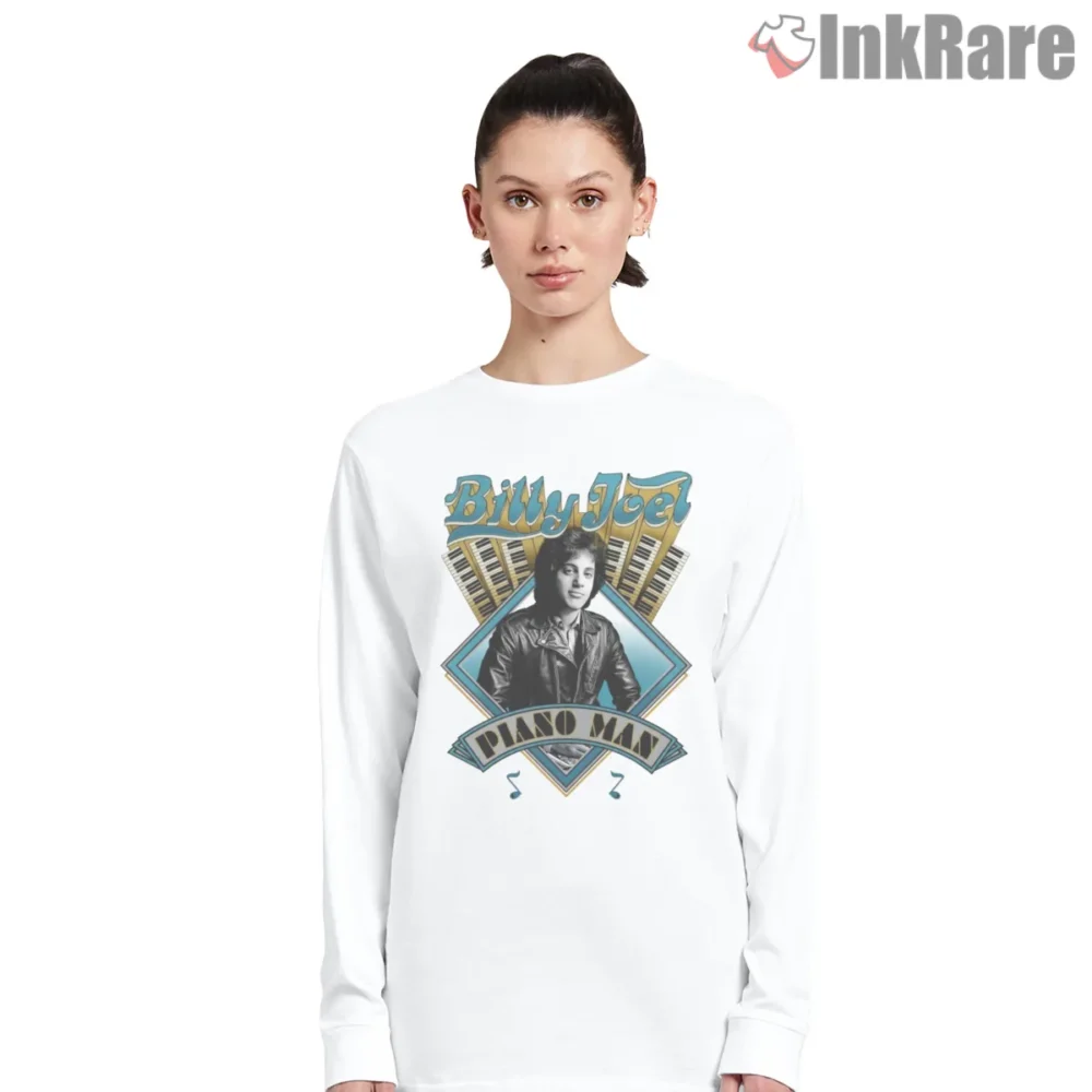 Billy Joel Piano Man Diamond Emblem Shirt on white long sleeve shirt for women graphic tee