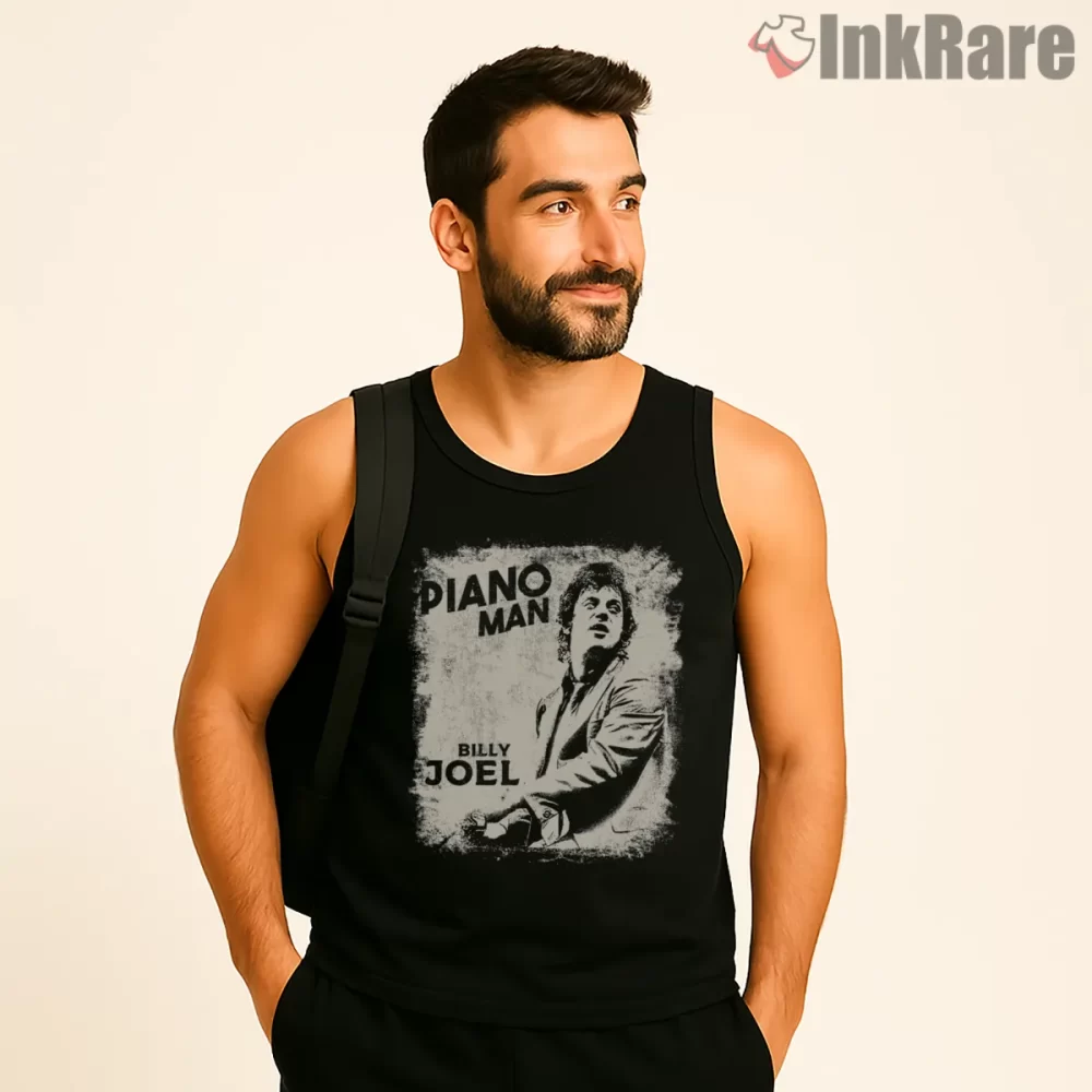 Billy Joel Piano Man Distressed Portrait Shirt on black tank top for men graphic tee