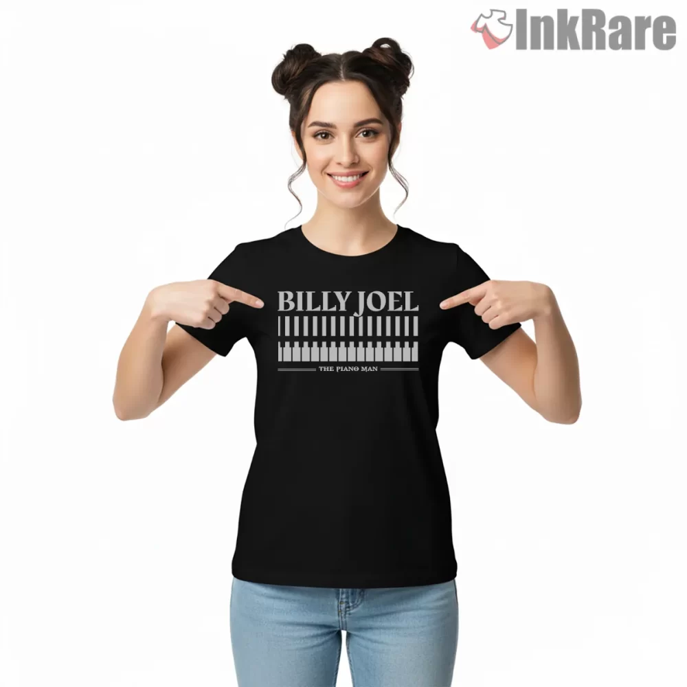 Billy Joel Piano Man Keys Typography Shirt on black short sleeve shirt for women graphic tee
