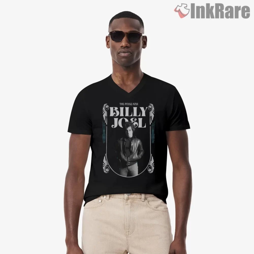 Billy Joel Piano Man Ornate Frame Shirt on black v-neck shirt for men graphic tee