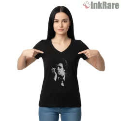 Billy Joel Piano Man Reflective Portrait Tribute Shirt on black v-neck shirt for women graphic tee