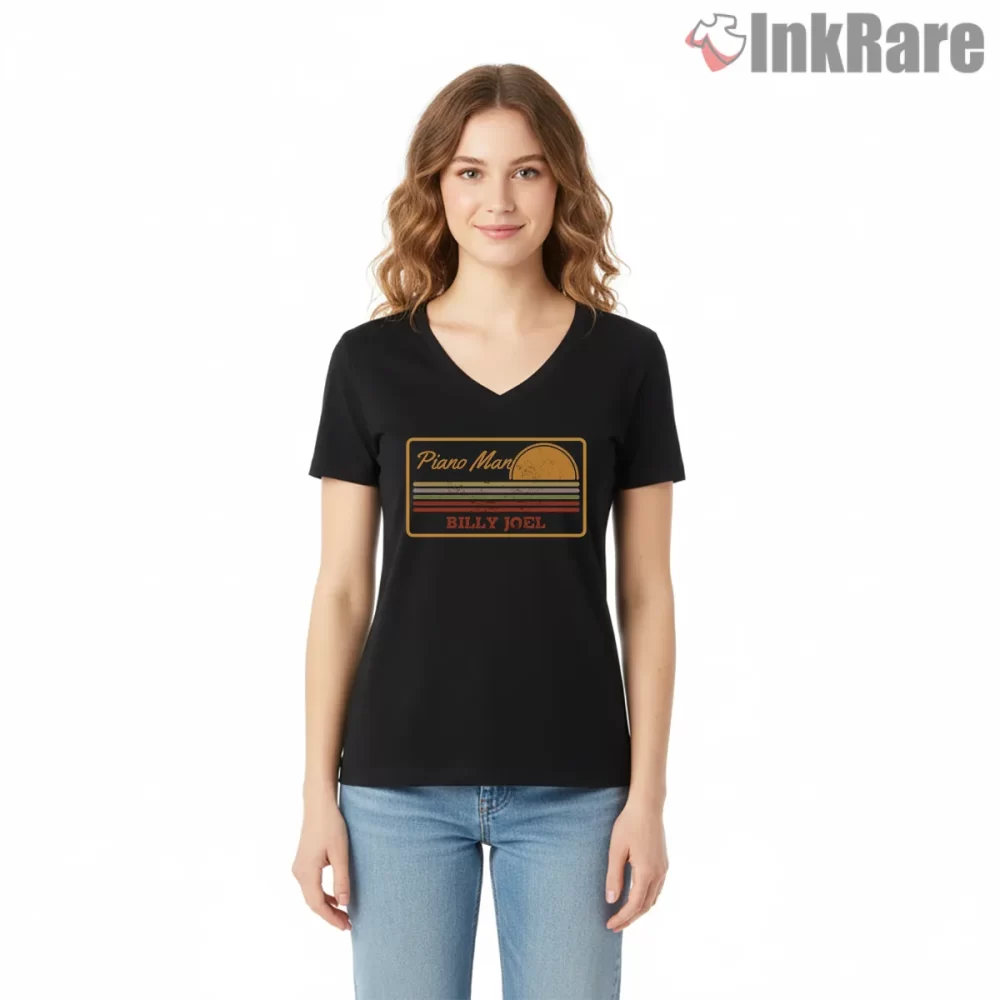 Billy Joel Piano Man Sunset Stripe Retro Label Shirt on black v-neck shirt for women graphic tee