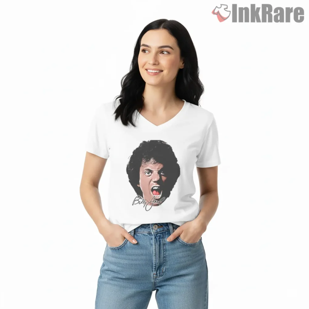 Billy Joel Retro Bootleg Wild Face Shirt on white v-neck shirt for women graphic tee