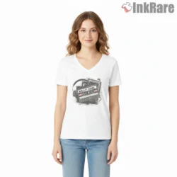 Billy Joel Retro Cassette Headphones Sketch Shirt on white v-neck shirt for women graphic tee