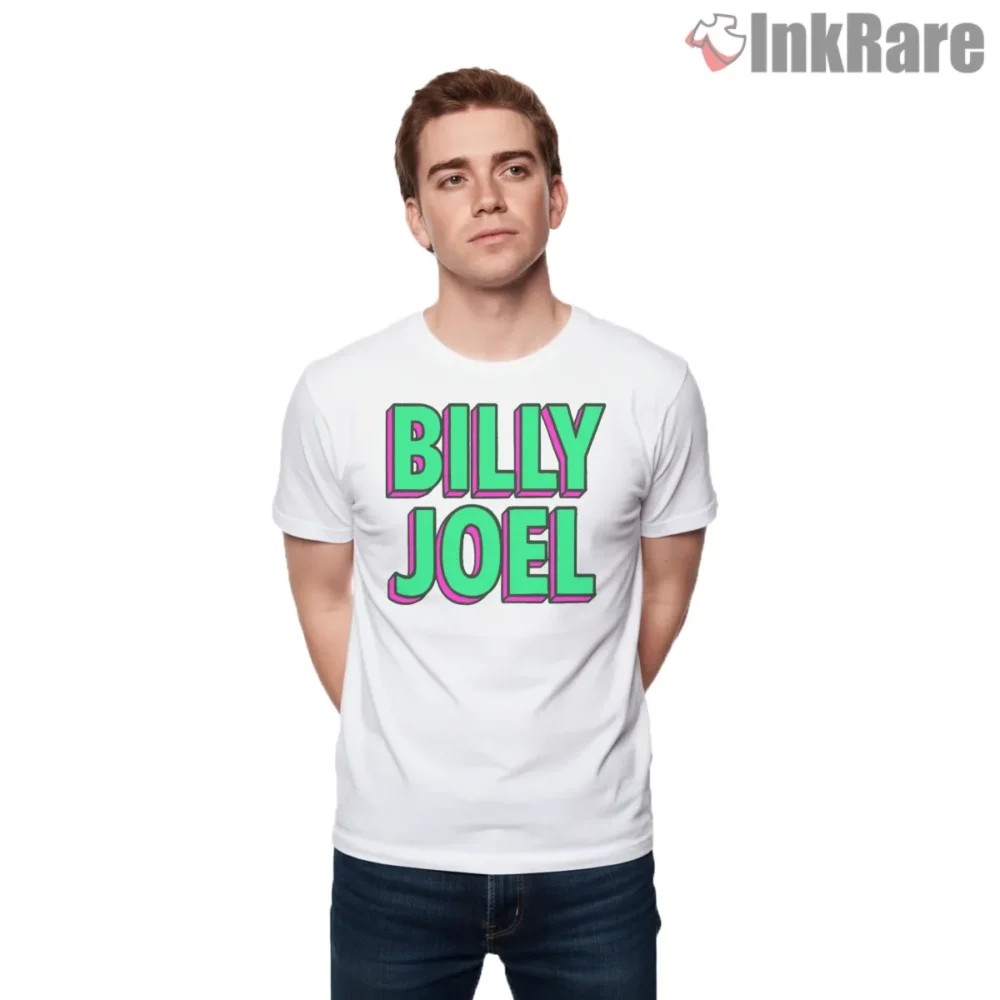 Billy Joel Retro Neon Outline Wordmark 80s Style Shirt on white short sleeve shirt for men graphic tee
