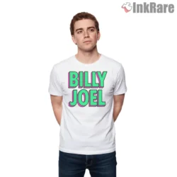 Billy Joel Retro Neon Outline Wordmark 80s Style Shirt on white short sleeve shirt for men graphic tee