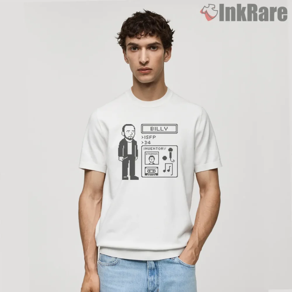 Billy Joel Retro Pixel Profile Inventory Screen Shirt on white short sleeve shirt for men graphic tee