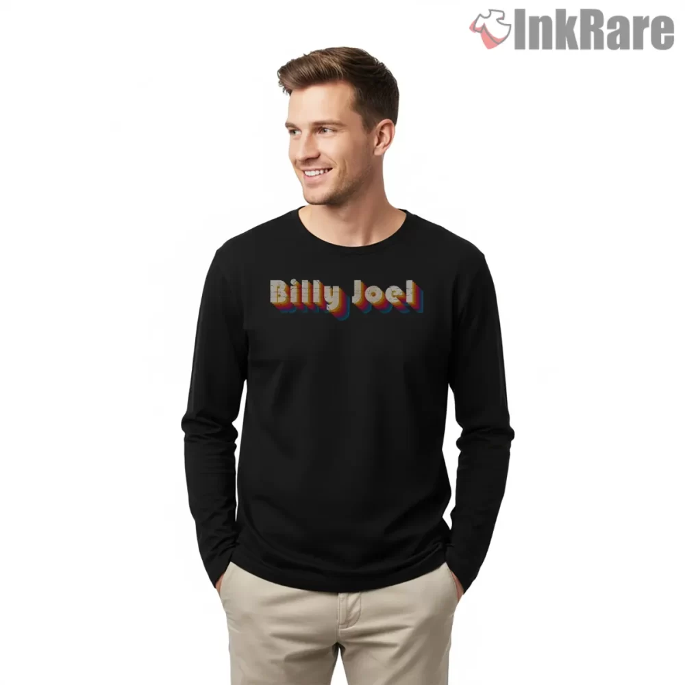 Billy Joel Retro Rainbow Name Logo Shirt on black long sleeve shirt for men graphic tee