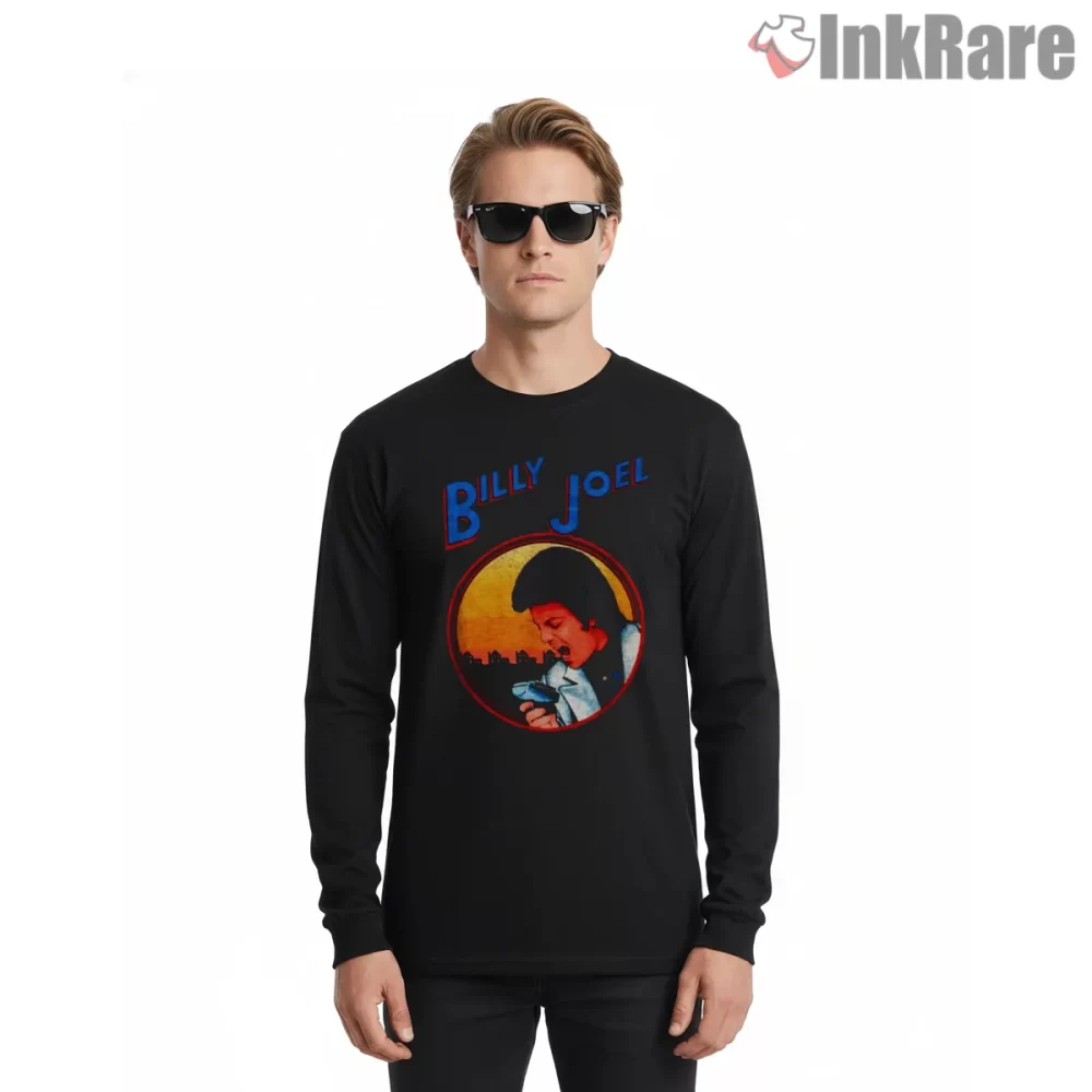 Billy Joel Retro Sunset Circle Performance Shirt on black long sleeve shirt for men graphic tee