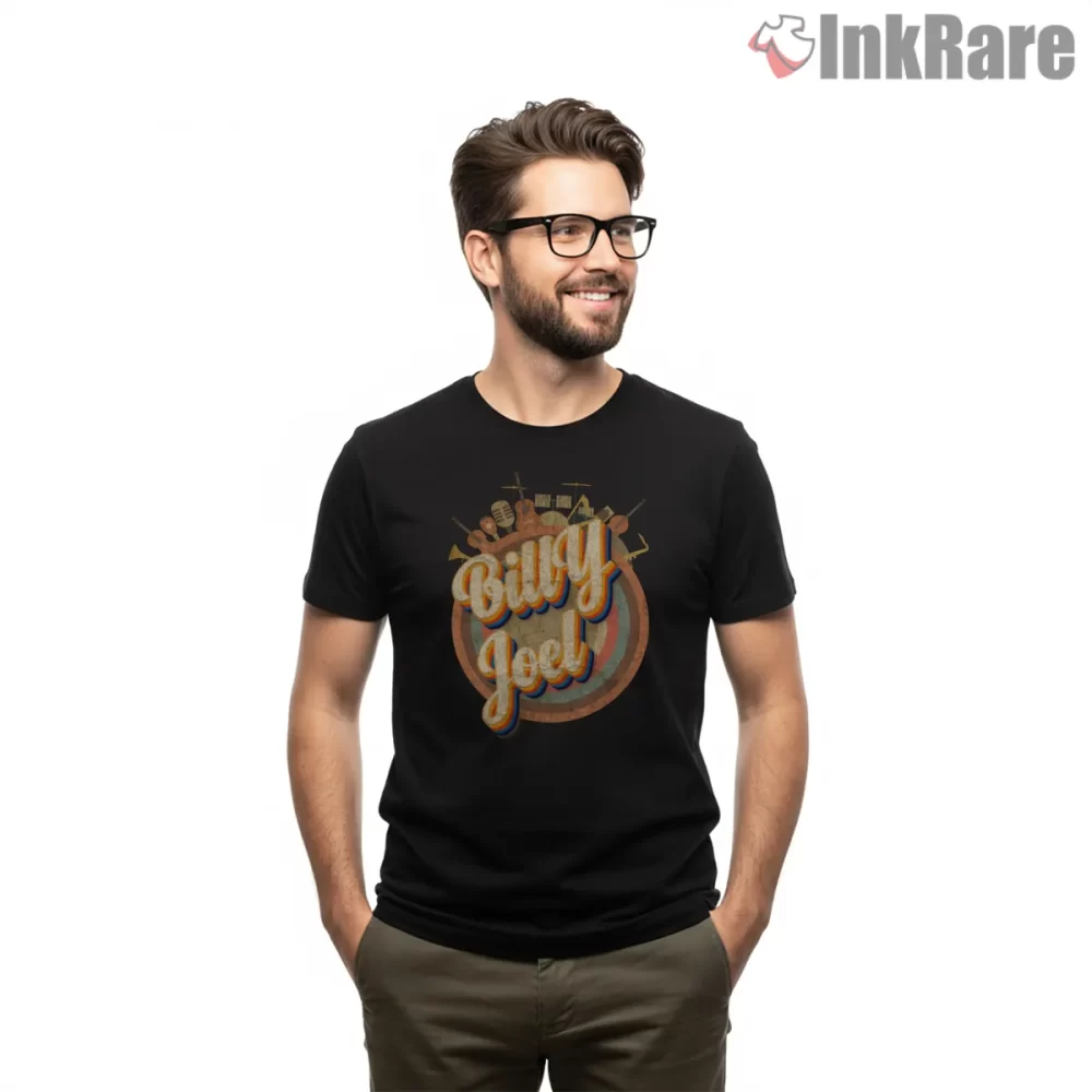 Billy Joel Retro Tour Badge Logo Shirt on black short sleeve shirt for men graphic tee