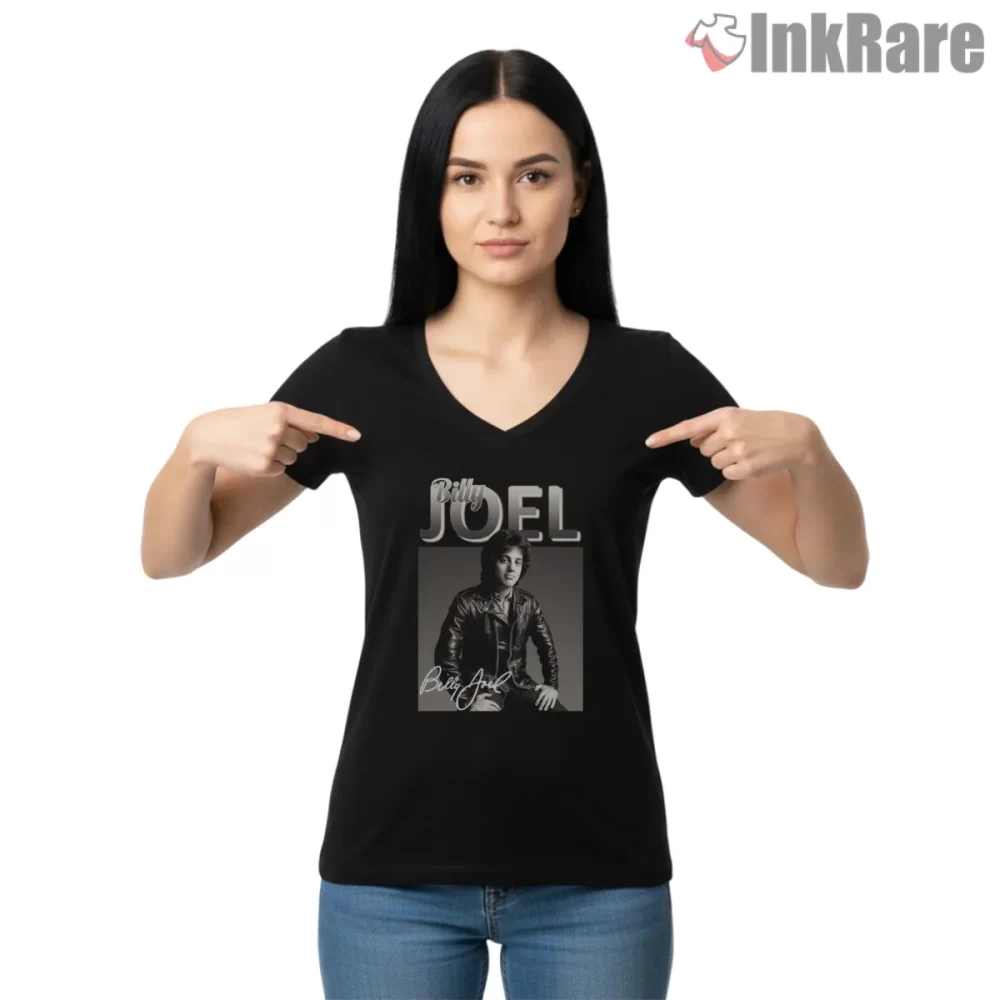 Billy Joel Seated Leather Jacket Vintage Portrait Shirt on black v-neck shirt for women graphic tee