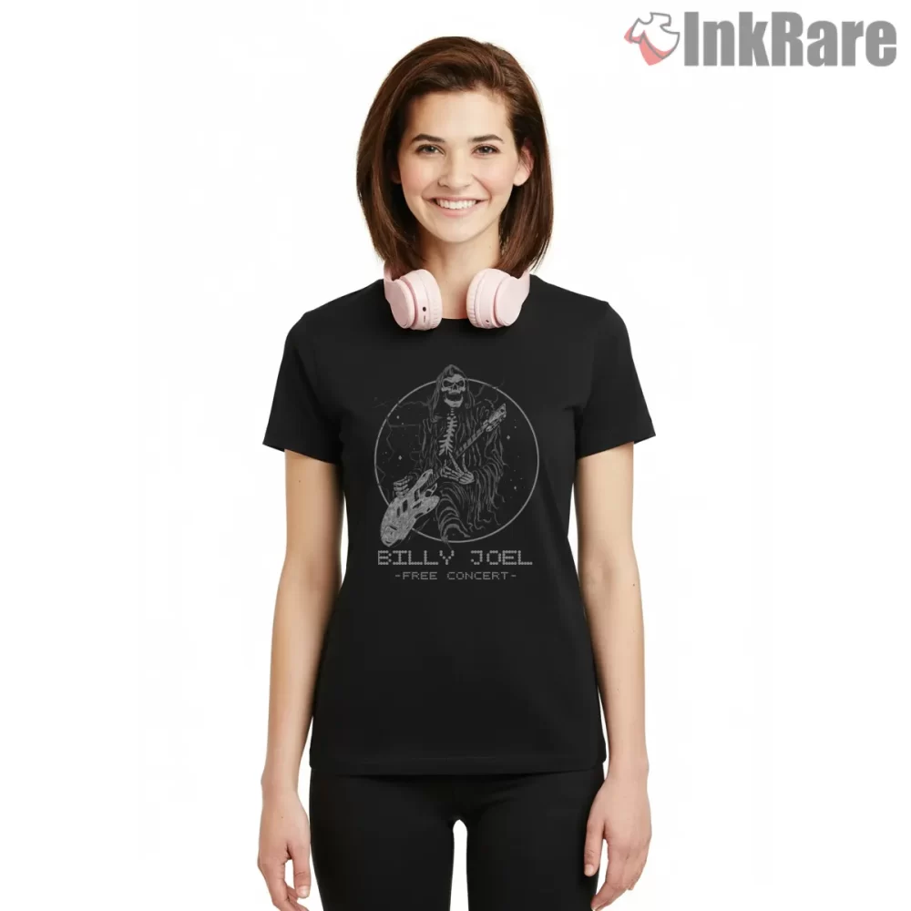 Billy Joel Skeleton Guitar Free Concert Shirt on black short sleeve shirt for women graphic tee