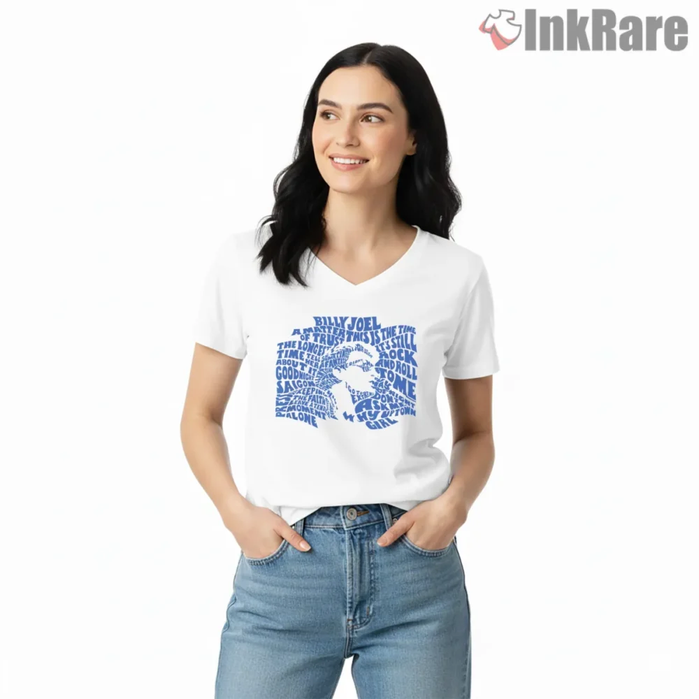 Billy Joel Song Titles Word Art Typography Portrait Shirt on white v-neck shirt for women graphic tee