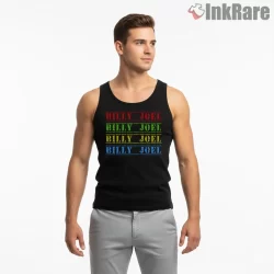 Billy Joel Stacked Neon Paint Wordmark Shirt on black tank top for men graphic tee