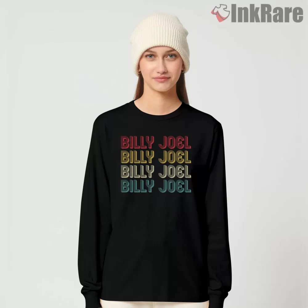 Billy Joel Stacked Retro Wordmark Stripe Shirt on black long sleeve shirt for women graphic tee