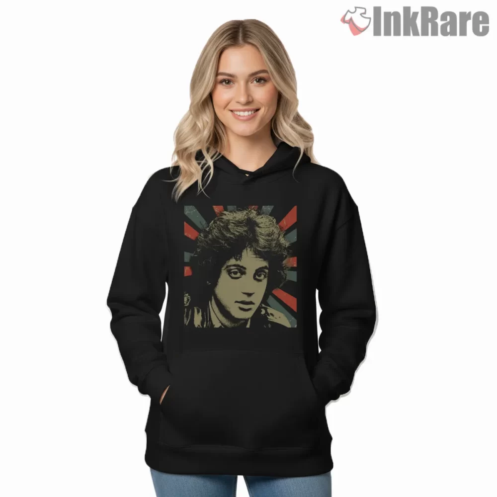 Billy Joel Sunburst Vintage Portrait Poster Shirt on black hoodie for women graphic tee