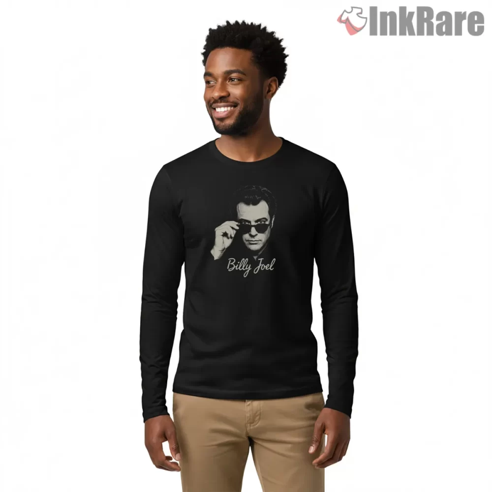 Billy Joel Sunglasses Noir Portrait Shirt on black long sleeve shirt for men graphic tee