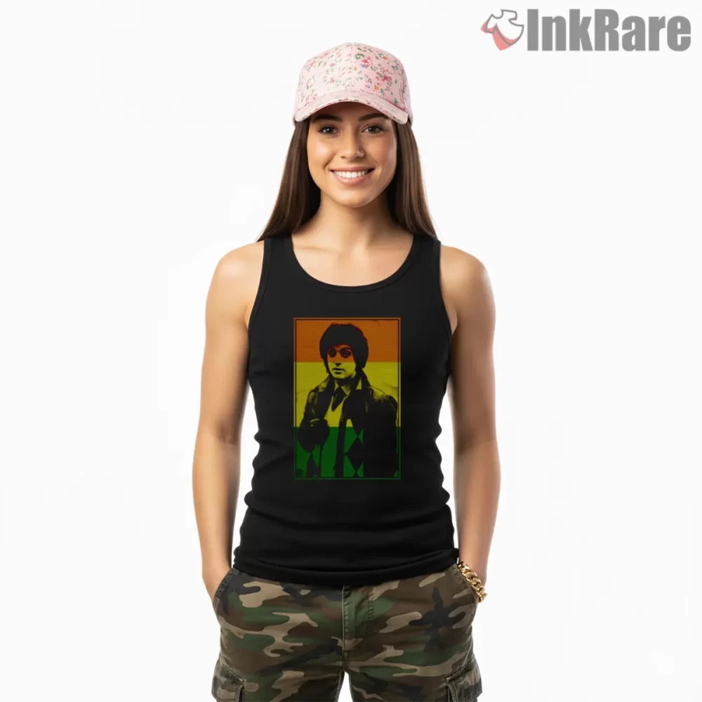 Billy Joel Sunset Stripe Portrait Shirt on black tank top for women graphic tee