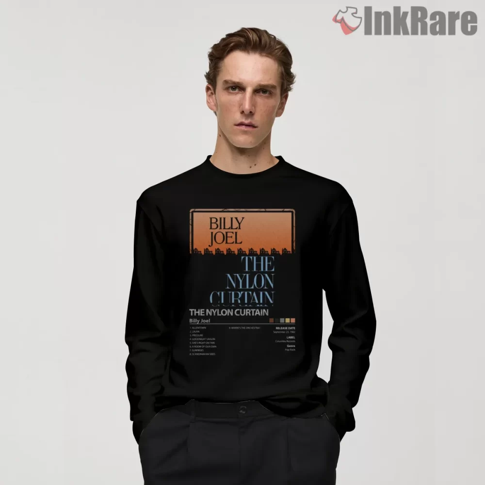 Billy Joel The Nylon Curtain Album Cover Shirt on black long sleeve shirt for men graphic tee