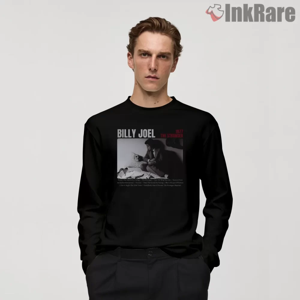 Billy Joel The Stranger 1977 Album Cover Shirt on black long sleeve shirt for men graphic tee