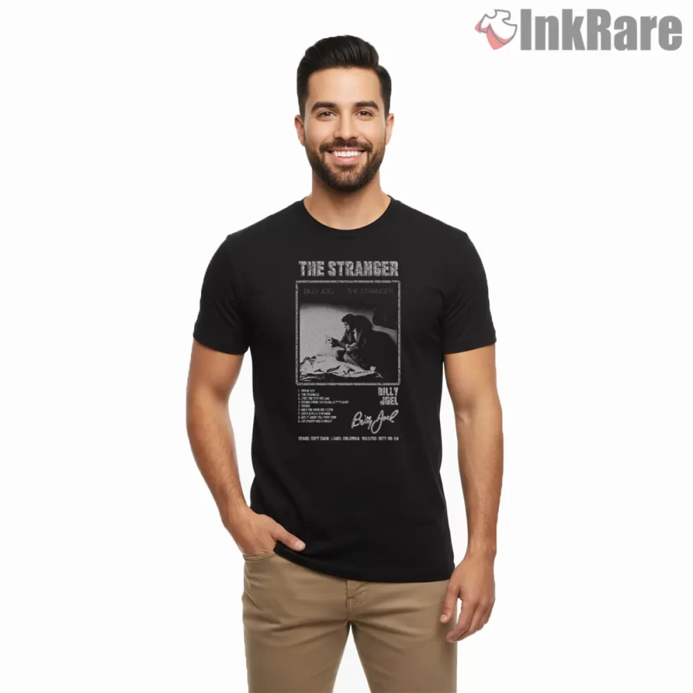 Billy Joel The Stranger Tracklist Album Shirt on black short sleeve shirt for men graphic tee