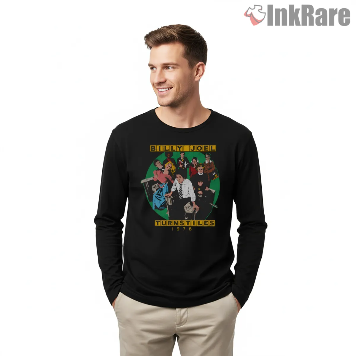 Billy Joel Turnstiles 1976 Vintage Concert Art Shirt on black long sleeve shirt for men graphic tee